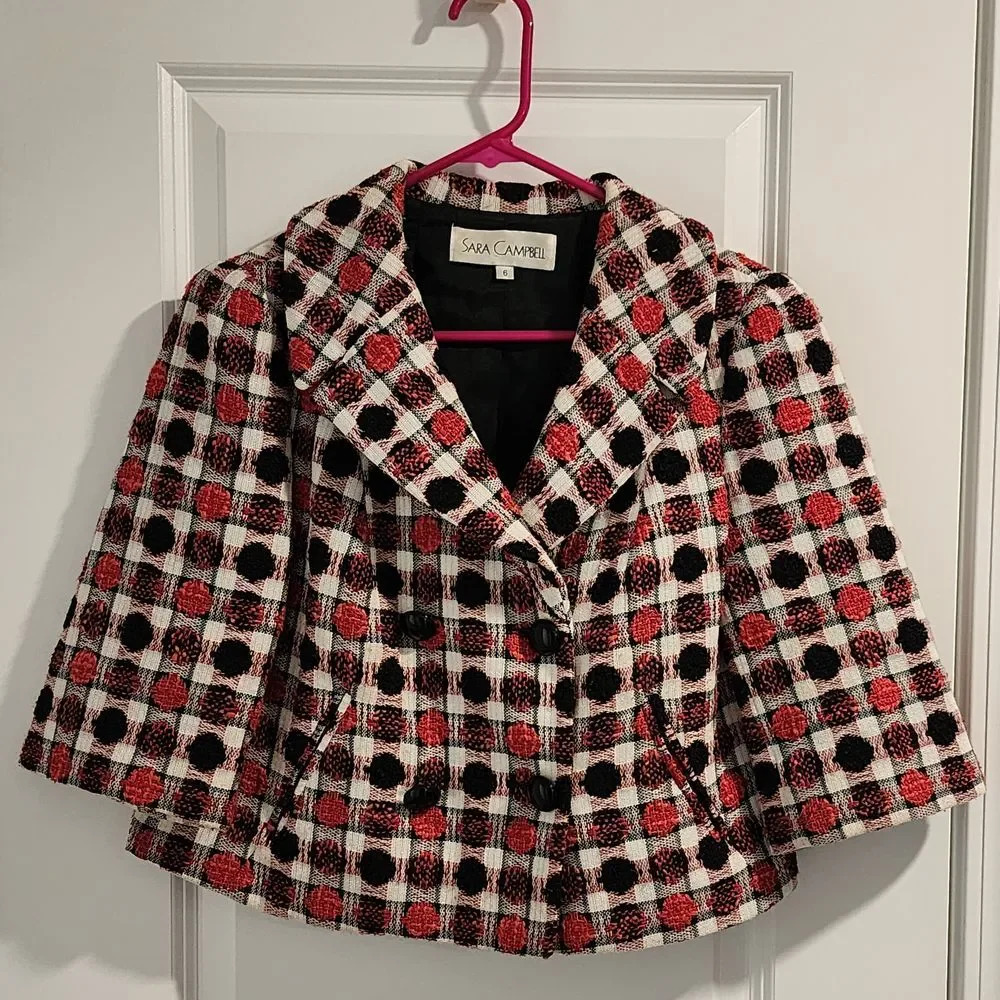 Sara Campbell Polka Dot Textured Swing Jacket Button Front Size 6